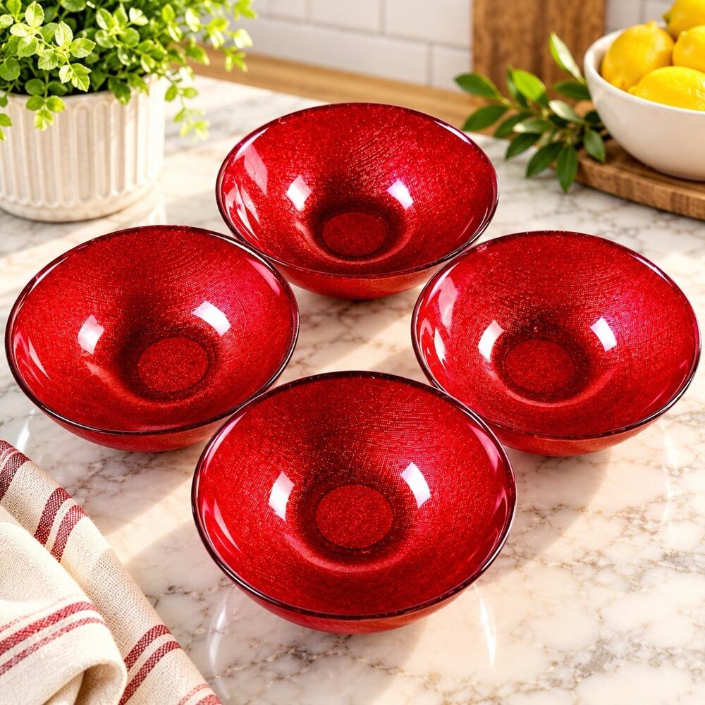 Akcam Bowls Red Glitter Glass Cereal Soup Set of 4 Turkish Glass 5.75”